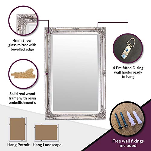 Espejos seleccionados Rhone Espejo de pared grande - Estilo barroco antiguo - Madera maciza - Acabado a mano - Plata antigua - 60 cm x 90 cm