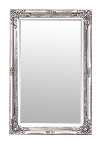 Espejos seleccionados Rhone Espejo de pared grande - Estilo barroco antiguo - Madera maciza - Acabado a mano - Plata antigua - 60 cm x 90 cm