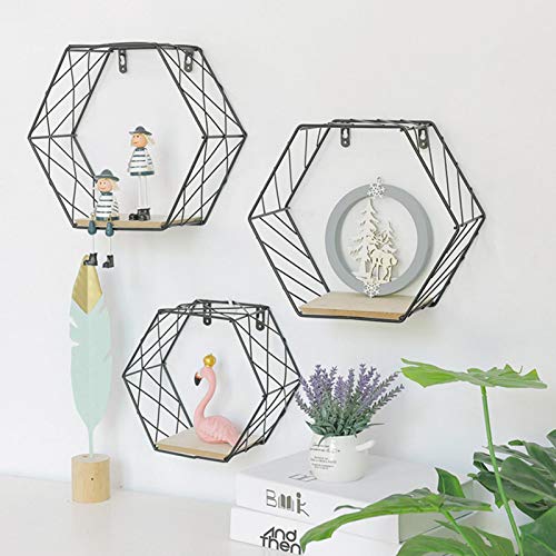 Estante de pared de hierro geométrico hexagonal para colgar en la pared, decoración de pared para sala de estar, estantes flotantes para almacenamiento con marco