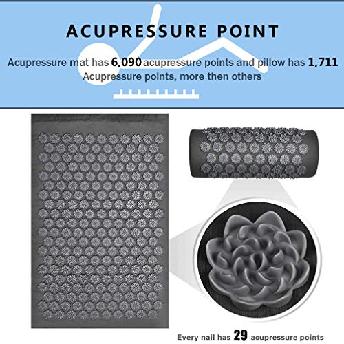 Esterilla Acupresión Masaje Kit, Esterilla Acupresión y Almohada Acupresión, Acupresión Masaje, Alivia el dolor de espalda y cuello, relaja los músculos y reduce el insomnio (Gray-01)