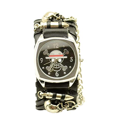 Estilo rockero con Cadena de cráneo Reloj de Cuero Negro Personalidad Creativa Moda Casual Deportivo Reloj para niños