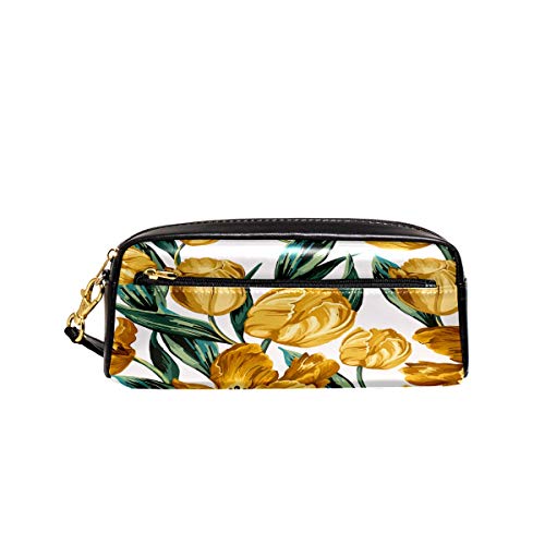 Estuche Amarillo Flowr Vintage Tulipán Pen Box PU Bolsa De Cuero Bolsa De La Escuela De Papelería Suministros De Viaje Cosmético Bolsa De Maquill