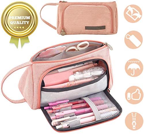 Estuche de lápices de lino de gran capacidad,Caja Case con Cremallera de Escolar,Estuche de lápices con 3 Compartimento para Niños Adolescente,Estuches Algodón y Lino Lápiz Cosmética (Rosa)
