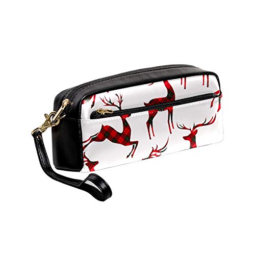 Estuche de Navidad Rojo Verde Plaid Reno Pen Box PU Bolsa de Cuero Bolsa de la Escuela de Papelería Suministros de Viaje Cosmético Bolsa de Maquill