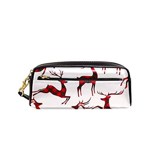 Estuche de Navidad Rojo Verde Plaid Reno Pen Box PU Bolsa de Cuero Bolsa de la Escuela de Papelería Suministros de Viaje Cosmético Bolsa de Maquill