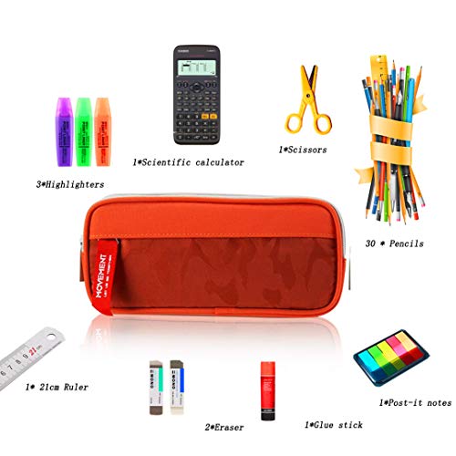 Estuche Escolar de Grandes Capacidad, TOYESS Estuches Escolares con 3 Cremalleras Para Niños & Niña, 22CM(Camuflaje Naranja)