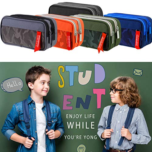 Estuche Escolar de Grandes Capacidad, TOYESS Estuches Escolares con 3 Cremalleras Para Niños & Niña, 22CM(Camuflaje Naranja)