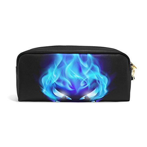 Estuche para lápices, color azul frío, estampado de fuego, bolsa de viaje de maquillaje de gran capacidad, piel impermeable, 2 compartimentos para niñas, niños, mujeres y hombres