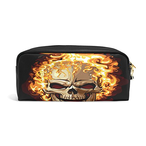 Estuche para lápices, diseño de calavera con estampado de fuego, bolsa de viaje para maquillaje de gran capacidad, piel impermeable, 2 compartimentos para niñas, niños, mujeres y hombres