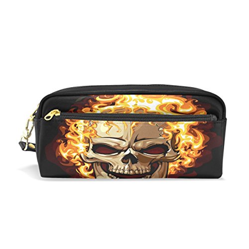 Estuche para lápices, diseño de calavera con estampado de fuego, bolsa de viaje para maquillaje de gran capacidad, piel impermeable, 2 compartimentos para niñas, niños, mujeres y hombres