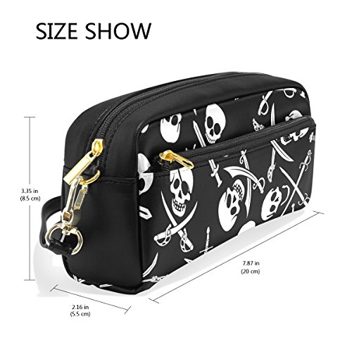 Estuche para lápices, diseño de calaveras frías impresas, bolsa de viaje de maquillaje de gran capacidad, piel impermeable, 2 compartimentos para niñas, niños, mujeres y hombres