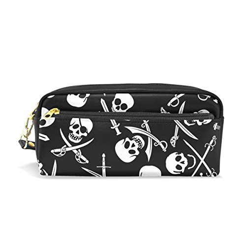 Estuche para lápices, diseño de calaveras frías impresas, bolsa de viaje de maquillaje de gran capacidad, piel impermeable, 2 compartimentos para niñas, niños, mujeres y hombres