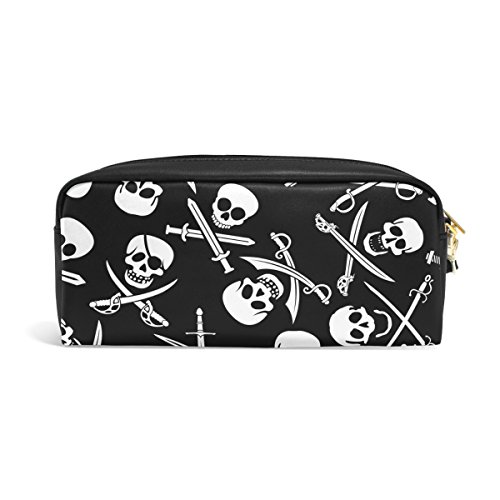 Estuche para lápices, diseño de calaveras frías impresas, bolsa de viaje de maquillaje de gran capacidad, piel impermeable, 2 compartimentos para niñas, niños, mujeres y hombres