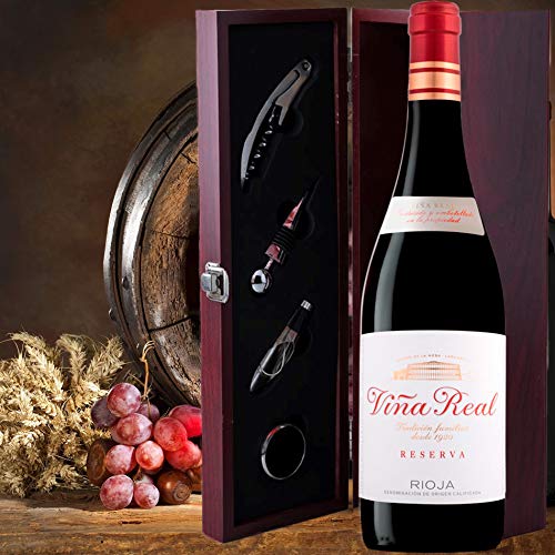 Estuche Regalo Vino + Botella Reserva Viña Real D.Origen Rioja añada del 2014 + Set Caja de Madera Incluye Recoge Gotas Dosificador Tapón Sacacorcho y Enfriador -Pack Ideal para regalar.