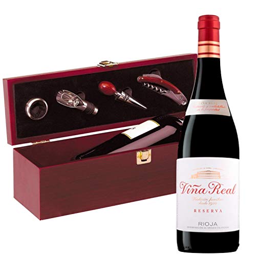 Estuche Regalo Vino + Botella Reserva Viña Real D.Origen Rioja añada del 2014 + Set Caja de Madera Incluye Recoge Gotas Dosificador Tapón Sacacorcho y Enfriador -Pack Ideal para regalar.