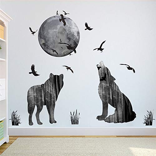 Etiqueta de la pared del bosque 3D luna Lobo Bird animal, único extraíble vinilo del arte del cartel fondo de pantalla, for el muchacho de habitaciones dormitorio pasillo y sala de adolescentes decora