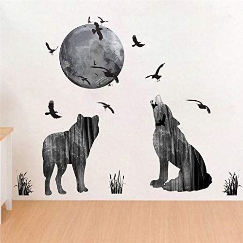 Etiqueta de la pared del bosque 3D luna Lobo Bird animal, único extraíble vinilo del arte del cartel fondo de pantalla, for el muchacho de habitaciones dormitorio pasillo y sala de adolescentes decora