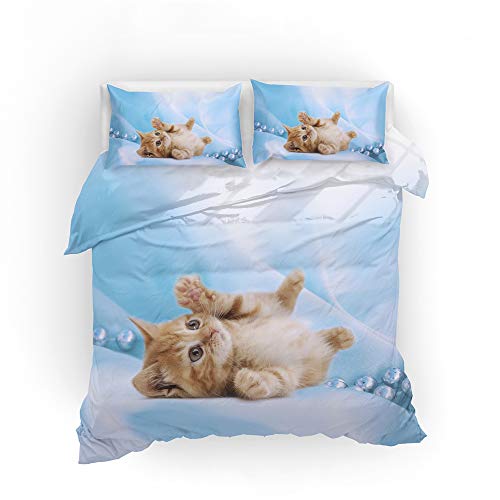 EU-VV Juego De Funda Nórdica Juego De Ropa De Cama Fashion Gatito Rosa para Niños Pequeños Diseño Personalizado Funda De Edredón Y Funda De Almohada ((150x200cm)-Cama de 90,Gato 02)