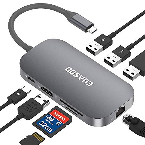 EUASOO HUB USB C 9 Puertos Hub Tipo-C con conexión Ethernet, HDMI, Puerto de Carga Tipo C, 2 Puertos USB 3.0, 1 Puerto USB 2.0, Lector de Tarjetas SD/TF para Mac Pro y Otros portátiles de Tipo C