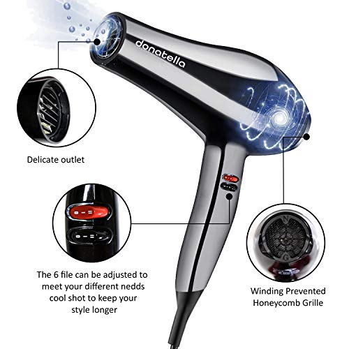 EUROMATIC Secador Pelo Profesional 2200 W, Silencioso y Ligero, 3 Velocidades de Secado, Permite Secado en Caliente o Frío, Incluye 1 Boquilla Grande y 1 Pequeña, Diseño Italiano