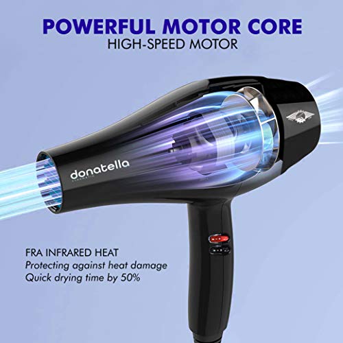 EUROMATIC Secador Pelo Profesional 2200 W, Silencioso y Ligero, 3 Velocidades de Secado, Permite Secado en Caliente o Frío, Incluye 1 Boquilla Grande y 1 Pequeña, Diseño Italiano