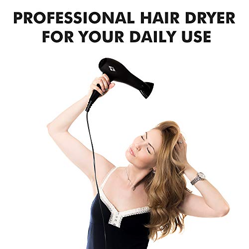 EUROMATIC Secador Pelo Profesional 2200 W, Silencioso y Ligero, 3 Velocidades de Secado, Permite Secado en Caliente o Frío, Incluye 1 Boquilla Grande y 1 Pequeña, Diseño Italiano