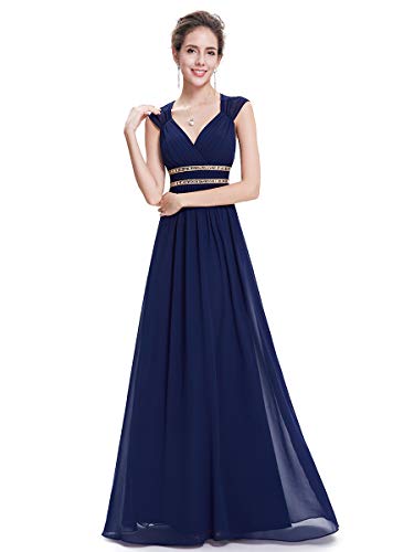 Ever-Pretty A-línea Vestido de Fiesta Gasa Cuello en V sin Mangas Largo para Mujer Azul Marino 36