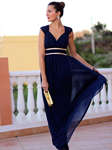 Ever-Pretty A-línea Vestido de Fiesta Gasa Cuello en V sin Mangas Largo para Mujer Azul Marino 36