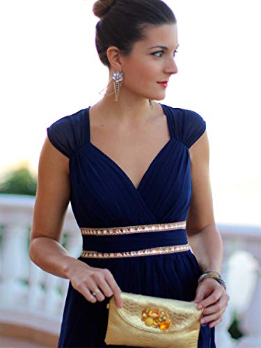 Ever-Pretty A-línea Vestido de Fiesta Gasa Cuello en V sin Mangas Largo para Mujer Azul Marino 36