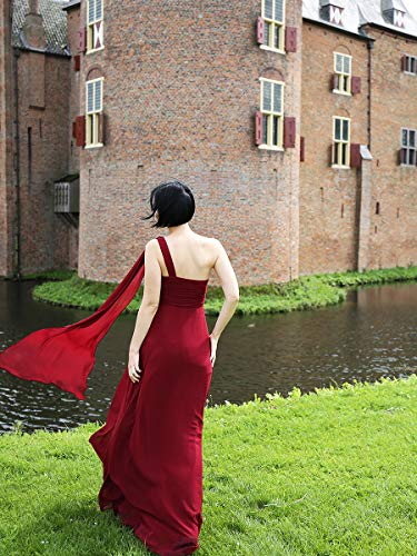 Ever-Pretty Vestidos de Noche Gasa Un Hombro Corte Imperio Plisado sin Mangas para Mujer Borgoña 36