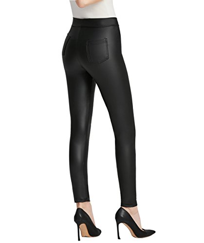 Everbellus Mujer Sexy Negro Leggins Cuero con Bolsillo Skinny Elástico Pantalón Grande