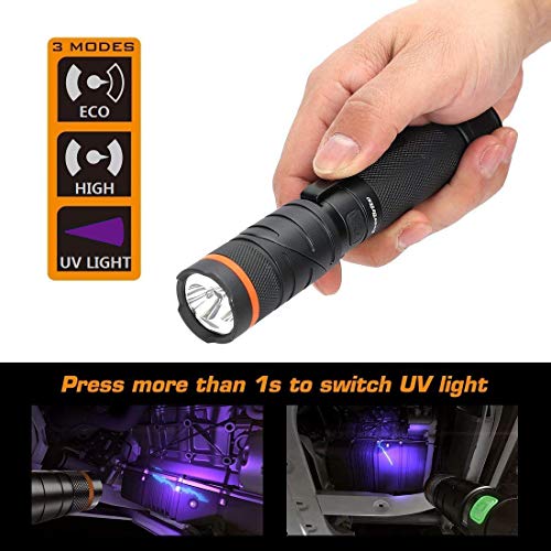 EverBrite Linterna LED USB Recargable Linterna UV Ultravioleta Faroles de Mano Alta Potencia Antorcha Multifunción Cabeza Giratoria 90° Base Magnetico Resistente al Agua IP65