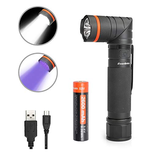 EverBrite Linterna LED USB Recargable Linterna UV Ultravioleta Faroles de Mano Alta Potencia Antorcha Multifunción Cabeza Giratoria 90° Base Magnetico Resistente al Agua IP65