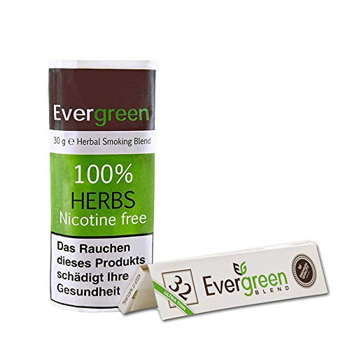Evergreen - Recambio de Tabaco de Mezcla de Humo ecológica, 100% Libre de nicotina + Papel de Rodillo Fino y Natural