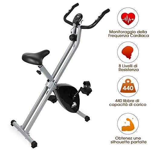 EVOLAND Bicicleta Estática Plegable, Bicicleta Estática de Fitness 8 Niveles de Resistencia Magnética con Monitor Rítmo Cardíaco para Ejercicio Entrenamiento en Casa, MAX hasta 120 kg
