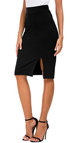 EXCHIC Lápiz de Mujer Bodycon Falda de Negocios Hendidura Lateral Dobladillo (L, Negro)