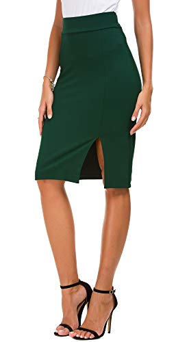 EXCHIC Lápiz de Mujer Bodycon Falda de Negocios Hendidura Lateral Dobladillo (M, Verde Negruzco)