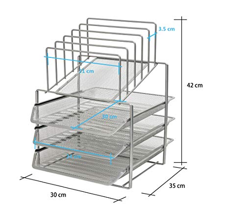 Exerz Bandejas de 3 capas de alambre con 5 separadores de malla/Bandeja oficina/Clasificador de papel/escritorio organizador/Bandeja Portadocumentos - Plata