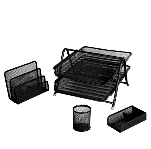 Exerz Bandejas oficina 4 Piezas de Malla/Oficina Conjunto de 4 Piezas - Bandeja de Letras con 2 Plantas, Estante de Letras, Portalápices, Sostenedor de clipso & notas (Negro)