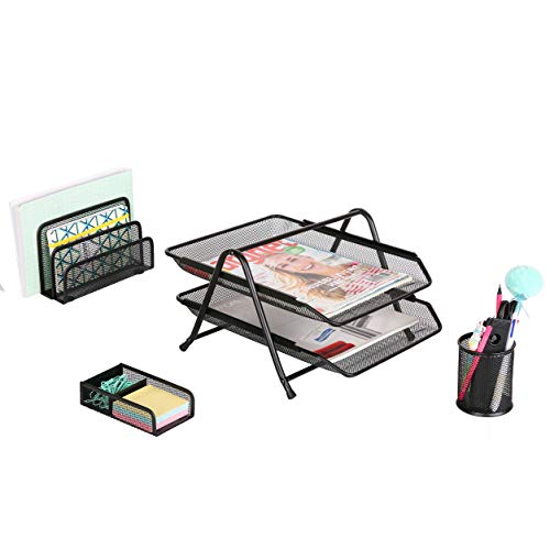 Exerz Bandejas oficina 4 Piezas de Malla/Oficina Conjunto de 4 Piezas - Bandeja de Letras con 2 Plantas, Estante de Letras, Portalápices, Sostenedor de clipso & notas (Negro)