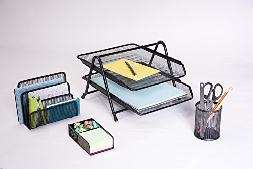 Exerz Bandejas oficina 4 Piezas de Malla/Oficina Conjunto de 4 Piezas - Bandeja de Letras con 2 Plantas, Estante de Letras, Portalápices, Sostenedor de clipso & notas (Negro)