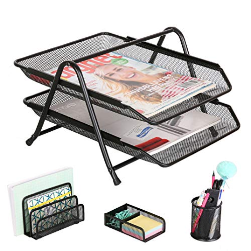 Exerz Bandejas oficina 4 Piezas de Malla/Oficina Conjunto de 4 Piezas - Bandeja de Letras con 2 Plantas, Estante de Letras, Portalápices, Sostenedor de clipso & notas (Negro)