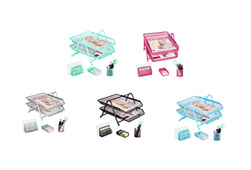 Exerz Bandejas oficina 4 Piezas de Malla/Oficina Conjunto de 4 Piezas - Bandeja de Letras con 2 Plantas, Estante de Letras, Portalápices, Sostenedor de clipso & notas (Negro)