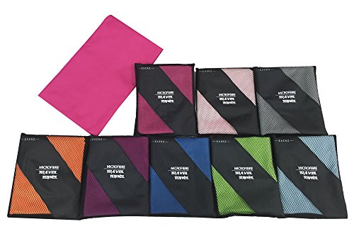 EXERZ Microfibra Extra Grande XL Toalla para Viaje / Toalla para Deporte (150 x 85 cm) con Bolsa de Transporte – Gimnasio - Campamento - Natación - Yoga - Playa - Vacaciones - Baño, Muy Absorbente Compacto Ligera y de Secado Rápido - Multicolor (Fucsia XL