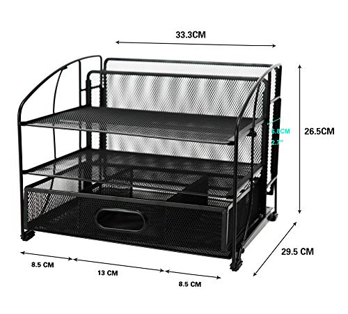 EXERZ Organizador De Escritorio De Malla De Oficina 3 Bandejas/Soporte De Archivo De Escritorio Con Cajón Deslizante Y Soporte De Archivo Colgante/Clasificador Vertical De Papel (Negro Nuevo)