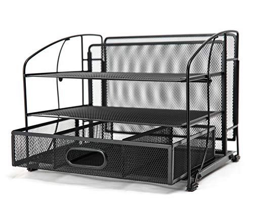 EXERZ Organizador De Escritorio De Malla De Oficina 3 Bandejas/Soporte De Archivo De Escritorio Con Cajón Deslizante Y Soporte De Archivo Colgante/Clasificador Vertical De Papel (Negro Nuevo)