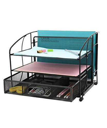 EXERZ Organizador De Escritorio De Malla De Oficina 3 Bandejas/Soporte De Archivo De Escritorio Con Cajón Deslizante Y Soporte De Archivo Colgante/Clasificador Vertical De Papel (Negro Nuevo)
