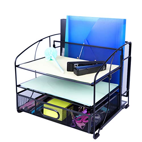 EXERZ Organizador De Escritorio De Malla De Oficina 3 Bandejas/Soporte De Archivo De Escritorio Con Cajón Deslizante Y Soporte De Archivo Colgante/Clasificador Vertical De Papel (Negro Nuevo)