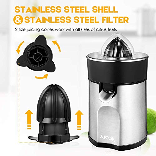 Exprimidor Zumo de naranjas 85W, AICOK Exprimidores Eléctrico de Acero Inoxidable y 2 Conos Desmontables, Diseño Compacto y Silencioso con Sistema Antigoteo y Guardapolvo, Auto Cerrado, Sin BPA