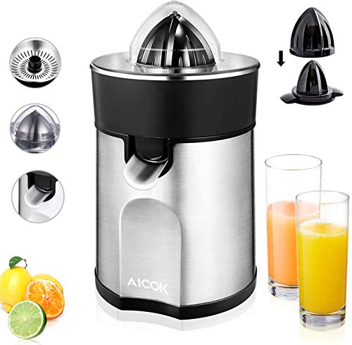 Exprimidor Zumo de naranjas 85W, AICOK Exprimidores Eléctrico de Acero Inoxidable y 2 Conos Desmontables, Diseño Compacto y Silencioso con Sistema Antigoteo y Guardapolvo, Auto Cerrado, Sin BPA